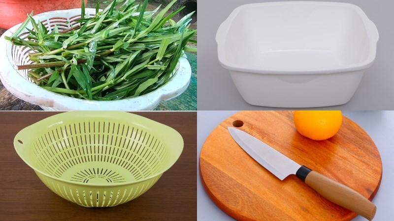 Nguy&ecirc;n liệu v&agrave; dụng cụ để nhặt rau ngổ