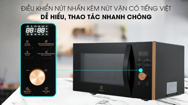 Điều khiển nút nhấn kèm nút vặn có tiếng Việt của lò vi sóng Electrolux EMC25D59EB