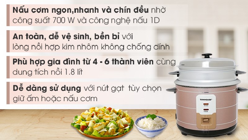 Ưu điểm nồi cơm điện Sunhouse 1.8 l&iacute;t SHD8125