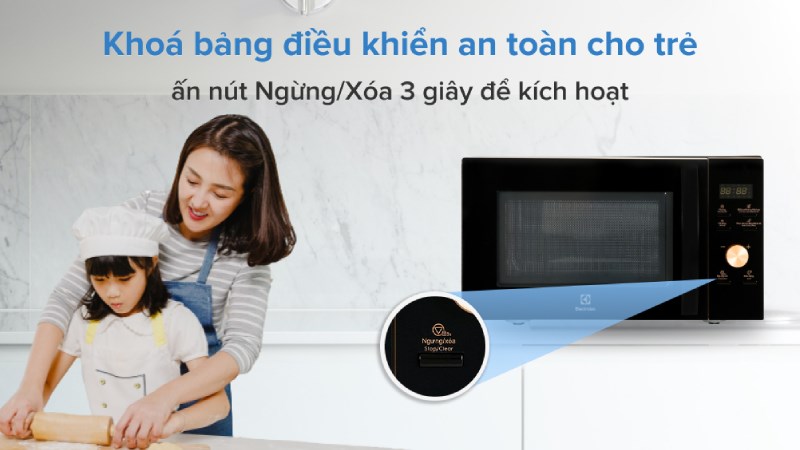 Lò vi sóng Electrolux EMC25D59EB được trang bị tính năng khóa bảng điều khiển tự động