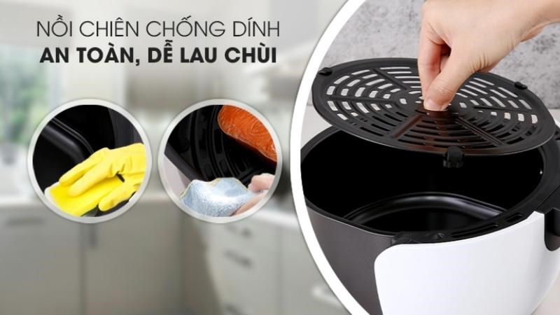 Lòng nồi và khay chiên chống dính dễ dàng vệ sinh.