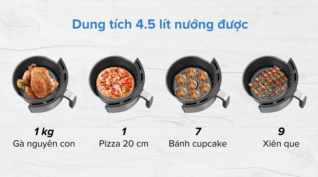 Nồi chiên không dầu Mishio MK-199 có dung tích 4.5 lít nướng được nhiều thực phẩm cho gia đình