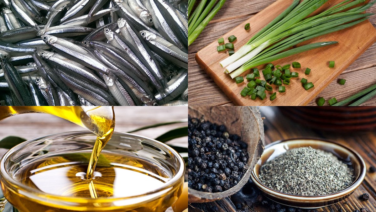 Nguyên liệu món ăn cá cơm kho tiêu và cá cơm kho nghệ