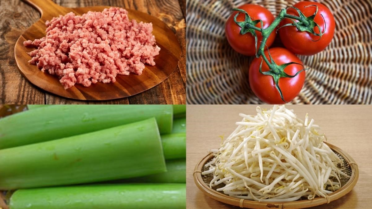 Nguyên liệu món ăn 3 món canh chua thịt băm nấu và dọc mùng