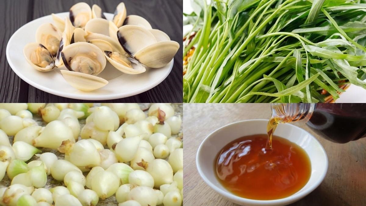 Nguyên liệu làm canh nghêu nấu rau muống