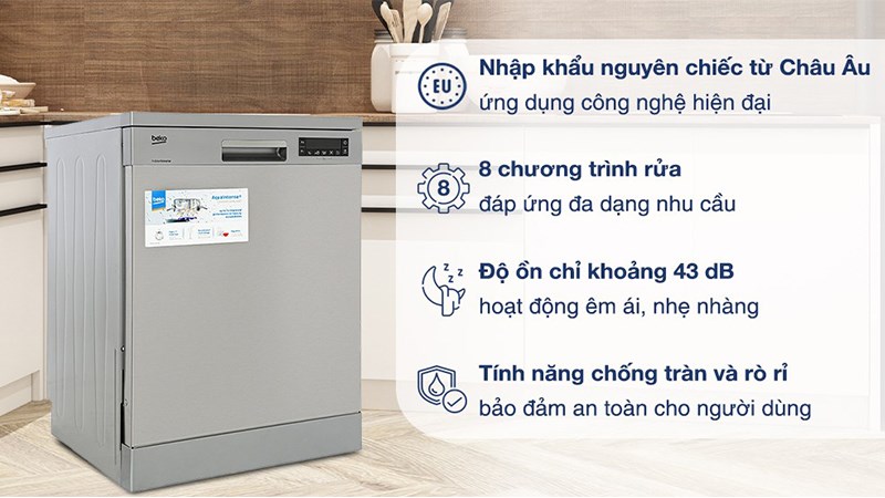 Minh họa máy rửa chén độc lập có sấy Beko DFN28424X