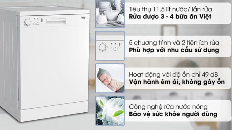 Minh họa máy rửa chén độc lập có sấy Beko DFN05311W