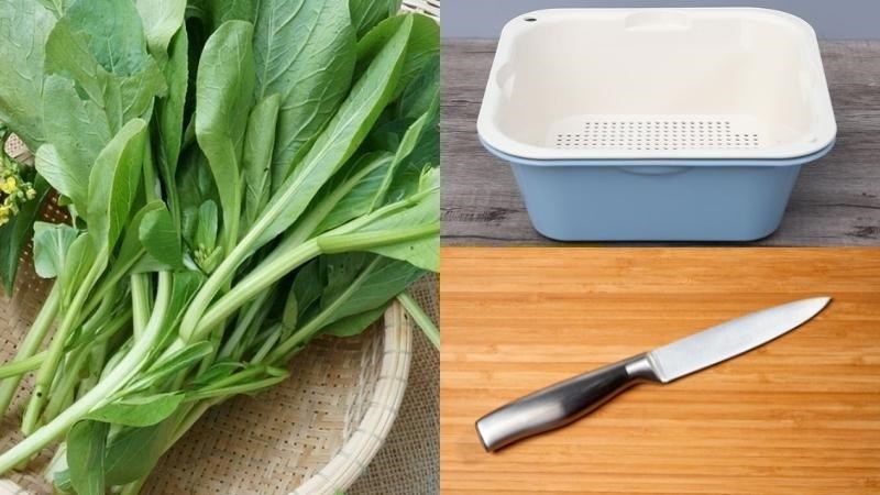Nguyên liệu và dụng cụ nhặt rau cải ngồng