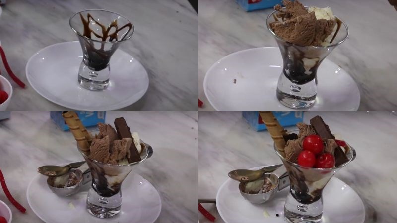 C&aacute;c bước thực hiện trang tr&iacute; kem ly socola với b&aacute;nh quế v&agrave; cherry