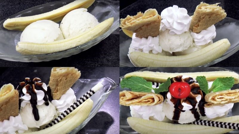 C&aacute;c bước thực hiện trang tr&iacute; kem vi&ecirc;n với chuối v&agrave; kem tươi
