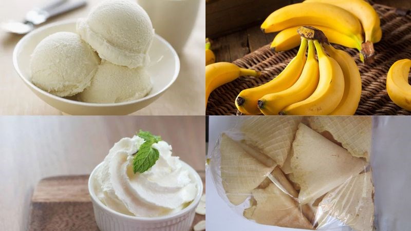 Nguy&ecirc;n liệu trang tr&iacute; kem vi&ecirc;n với chuối v&agrave; kem tươi