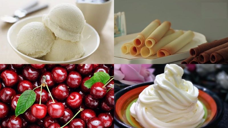 Nguy&ecirc;n liệu trang tr&iacute; kem vi&ecirc;n với kem tươi, cherry v&agrave; b&aacute;nh quế