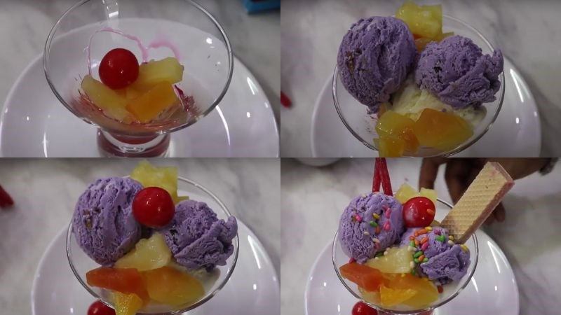 C&aacute;ch bước thực hiện trang tr&iacute; kem khoai m&ocirc;n với tr&aacute;i c&acirc;y