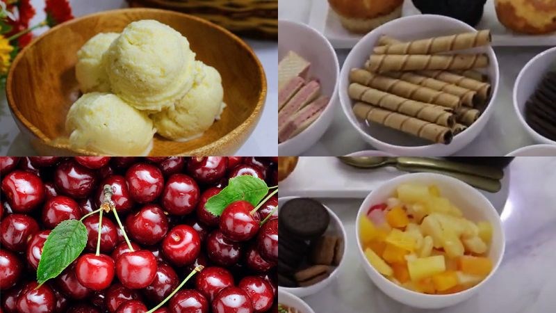Nguy&ecirc;n liệu trang tr&iacute; kem với tr&aacute;i c&acirc;y v&agrave; b&aacute;nh quế
