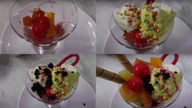 C&aacute;c bước thực hiện trang tr&iacute; kem với tr&aacute;i c&acirc;y v&agrave; b&aacute;nh quế