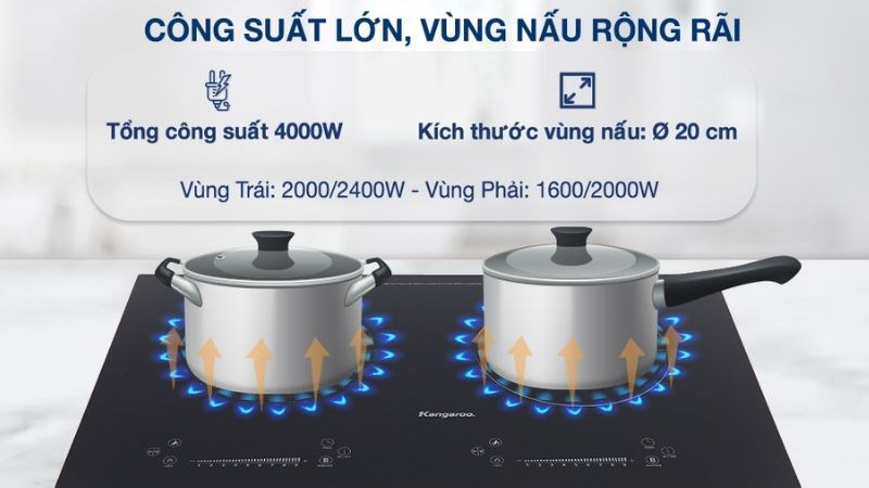 Bếp từ Kangaroo c&oacute; nhiều lựa chọn về v&ugrave;ng nấu