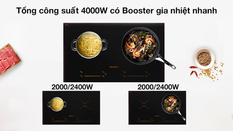 Tổng công suất hoạt động bếp từ Kangaroo KG859I lên đến 4000W, mỗi bếp trái - phải có công suất 2000W