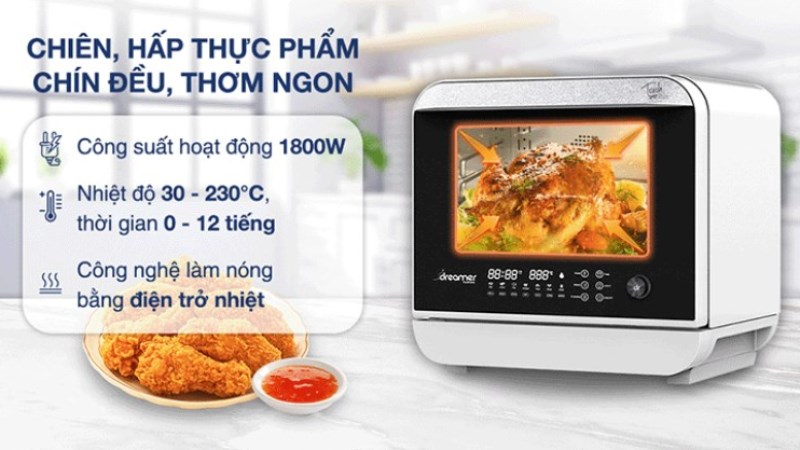 C&ocirc;ng suất, nhiệt độ, c&ocirc;ng nghệ l&agrave;m n&oacute;ng của l&ograve; chi&ecirc;n kh&ocirc;ng dầu Dreamer DKA-SAF118W 