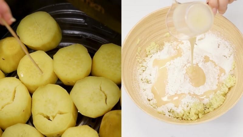 Kiểm tra khoai v&agrave; th&ecirc;m v&agrave;o c&aacute;c nguy&ecirc;n liệu sau khi nghiền nhuyễn khoai