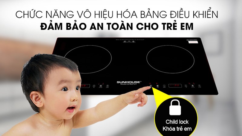Chức năng kh&oacute;a an to&agrave;n trẻ em của bếp từ đ&ocirc;i lắp &acirc;m Sunhouse SHB9101