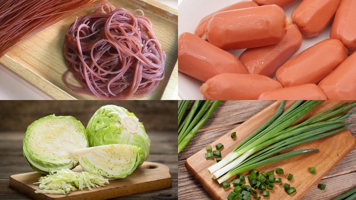 Nguyên liệu của món bún gạo lứt xào xúc xích
