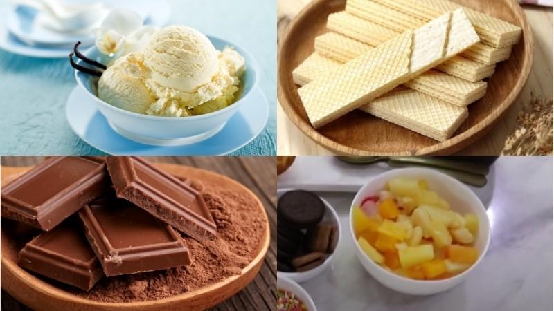 Nguy&ecirc;n liệu trang tr&iacute; kem với mứt tr&aacute;i c&acirc;y, b&aacute;nh xốp v&agrave; socola