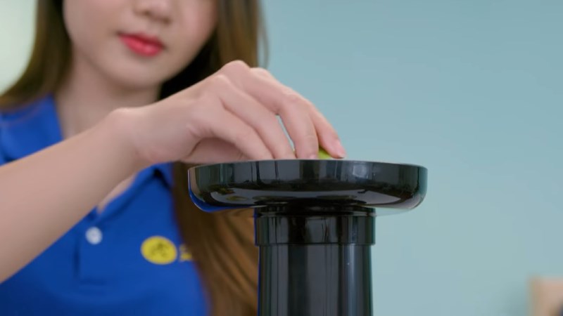 Cho tr&aacute;i c&acirc;y v&agrave;o ống tiếp nguy&ecirc;n liệu của m&aacute;y &eacute;p chậm Kangaroo KG1B8