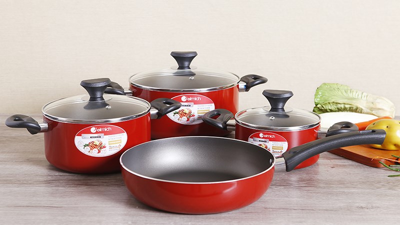Bộ nồi chảo nh&ocirc;m chống d&iacute;nh nắp k&iacute;nh Elmich EL1162 