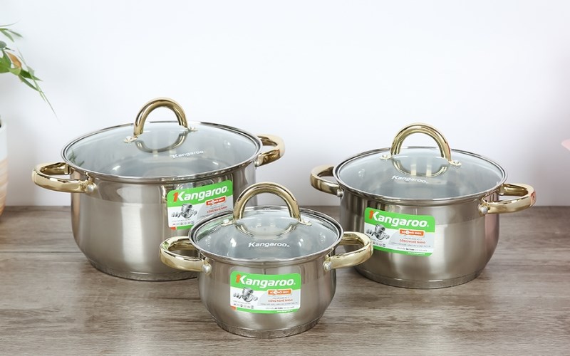 Bộ 3 nồi inox 5 đ&aacute;y nắp k&iacute;nh Kangaroo KG866