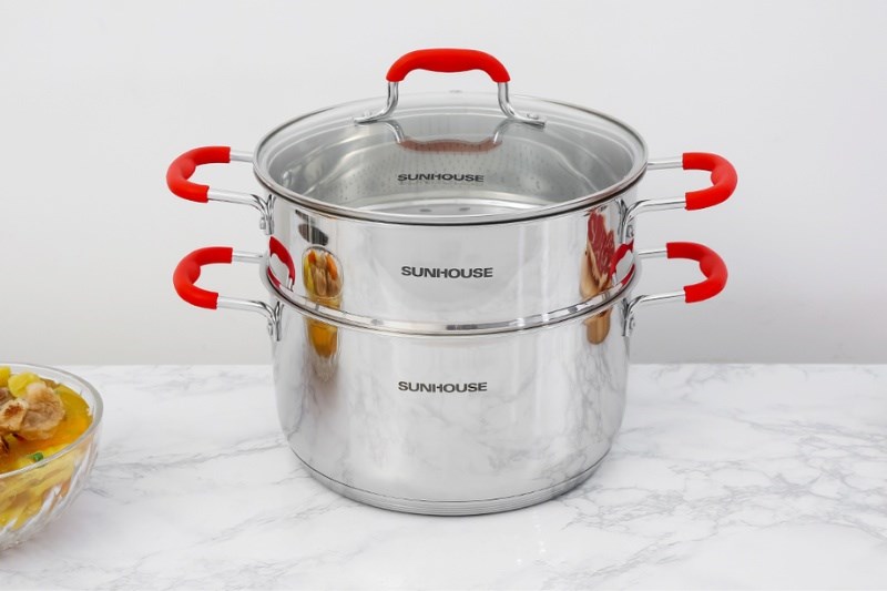 Bộ nồi xửng inox 5 đ&aacute;y nắp k&iacute;nh 24 cm Sunhouse SHG507-24