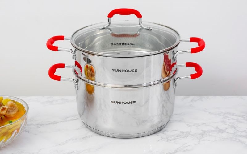 Bộ nồi xửng inox 5 đ&aacute;y nắp k&iacute;nh 24 cm Sunhouse SHG507-24 