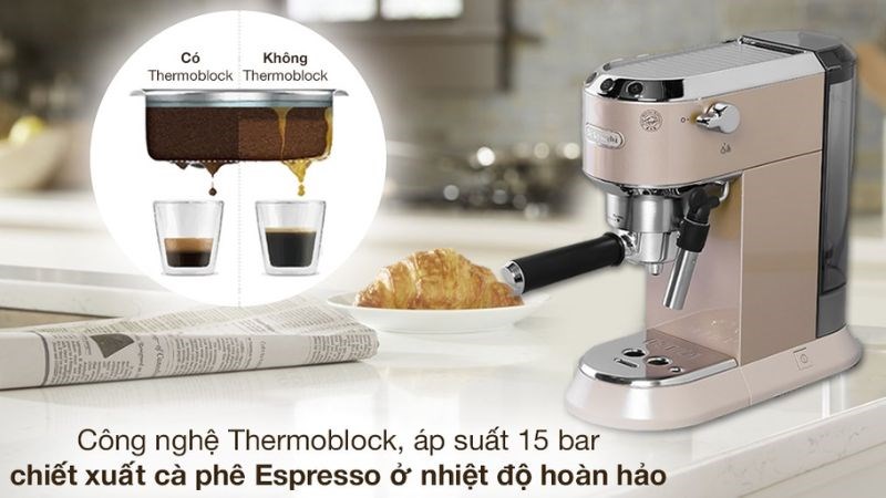 Đạt chuẩn hương vị nhờ c&ocirc;ng nghệ Thermoblock tr&ecirc;n m&aacute;y pha c&agrave; ph&ecirc; b&aacute;n tự động Delonghi EC785.BG