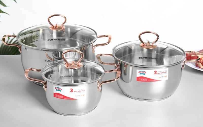 Bộ 3 nồi inox 3 đ&aacute;y nắp k&iacute;nh Sunhouse SHG306