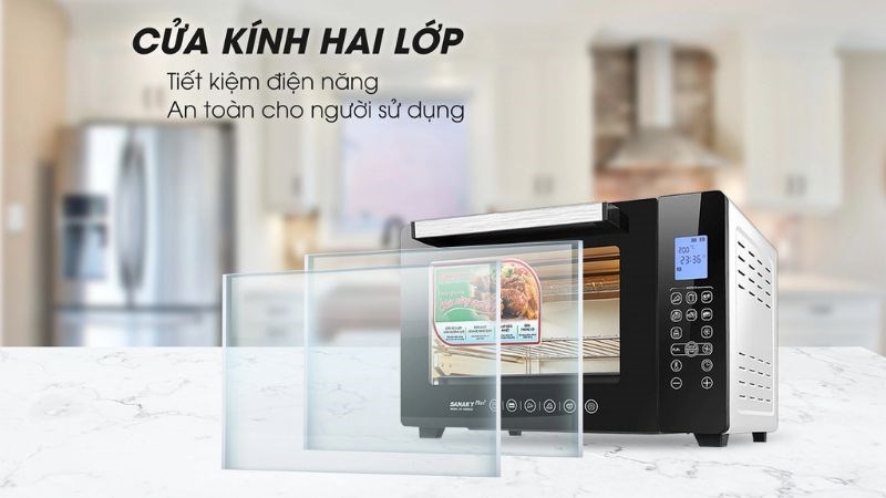 Lò nướng tiết kiệm điện năng với hai lớp cửa kính, an toàn cho người sử dụng 