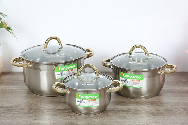 Bộ 3 nồi inox 5 đ&aacute;y nắp k&iacute;nh Kangaroo KG866