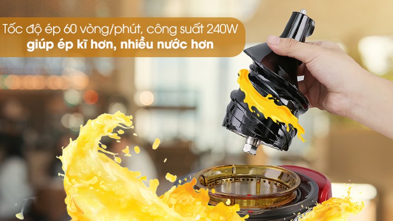 Tốc độ &eacute;p chậm c&ugrave;ng c&ocirc;ng suất 240W, gi&uacute;p &eacute;p kỹ cho nhiều nước