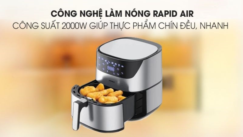 C&ocirc;ng nghệ l&agrave;m n&oacute;ng Rapid Air với c&ocirc;ng suất 2000W, gi&uacute;p thực phẩm chin nhanh v&agrave; đều