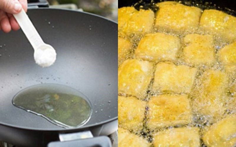 Cho muối v&agrave;o chảo chi&ecirc;n khi đang n&oacute;ng rồi cho đậu phụ v&agrave;o chi&ecirc;n