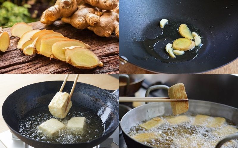 Xắt gừng bỏ v&agrave;o chảo rồi mới cho đậu phụ v&agrave;o r&aacute;n