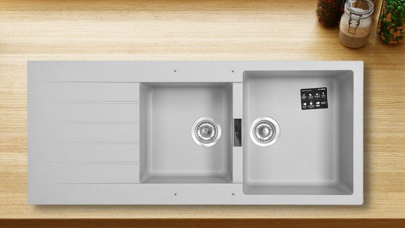 Chậu rửa ch&eacute;n 2 ngăn 1 c&aacute;nh đ&aacute; thạch anh Hafele HS19-GED2S80 X&aacute;m (570.35.570)