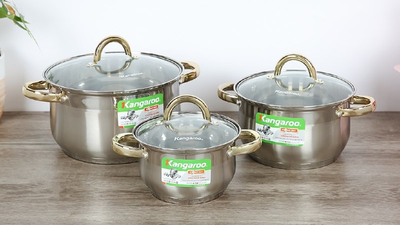 Bộ 3 nồi inox 5 đ&aacute;y nắp k&iacute;nh Kangaroo KG866 1080