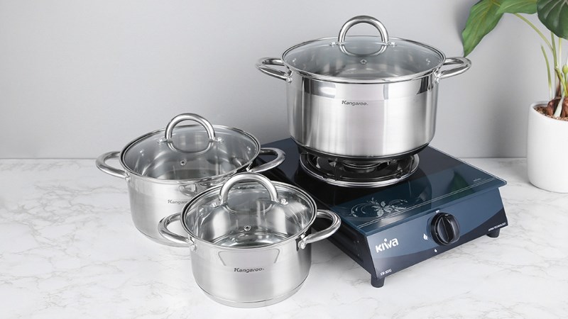 Bộ 3 nồi inox 5 đ&aacute;y nắp k&iacute;nh Kangaroo KG878 1200