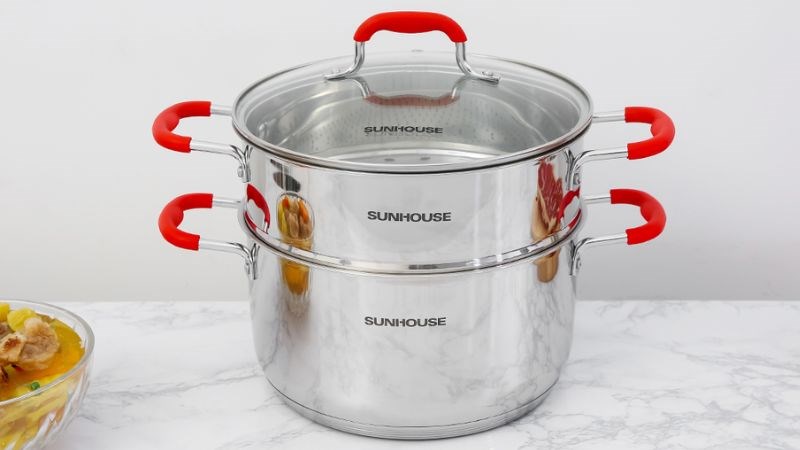 Bộ nồi xửng inox 5 đ&aacute;y nắp k&iacute;nh 24 cm Sunhouse SHG507-24