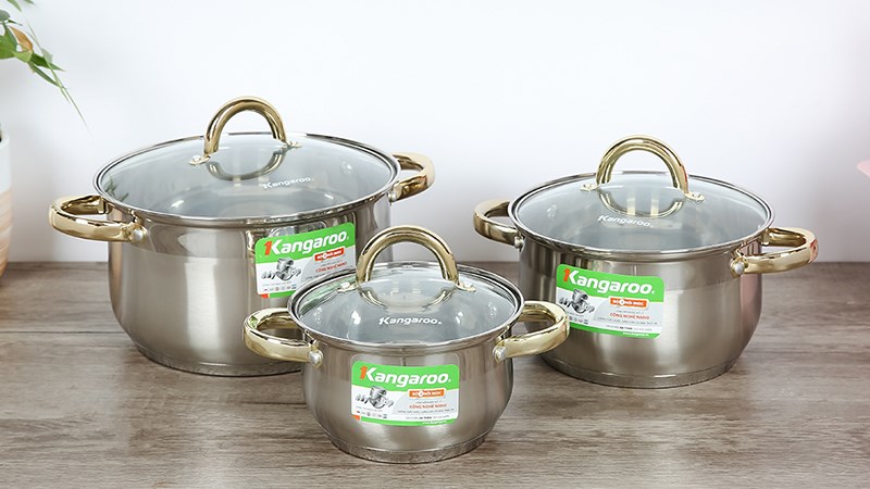  Bộ 3 nồi inox 5 đ&aacute;y nắp k&iacute;nh Kangaroo KG866 