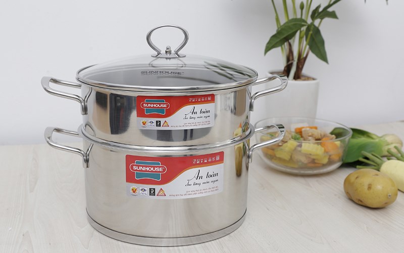 Bộ nồi xửng inox 5 đ&aacute;y nắp k&iacute;nh 24 cm Sunhouse SSP25124
