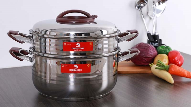 Bộ nồi xửng inox 3 đ&aacute;y nắp inox 32 cm Happycook ST32-2