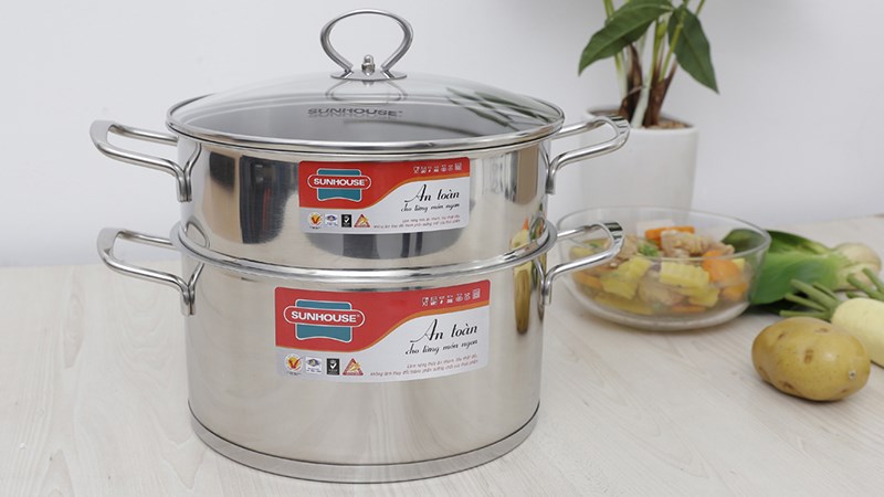 Bộ nồi xửng inox 5 đ&aacute;y nắp k&iacute;nh 24 cm Sunhouse SSP25124