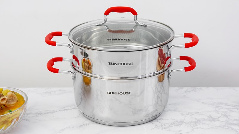 Bộ nồi xửng inox 5 đ&aacute;y nắp k&iacute;nh 24 cm Sunhouse SHG507-24