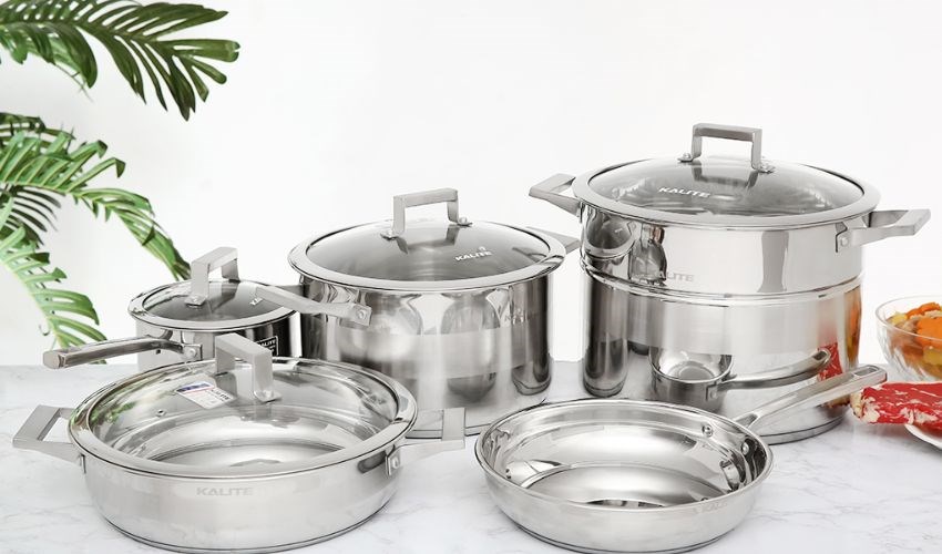 Bộ nồi chảo inox 5 đ&aacute;y nắp k&iacute;nh Kalite KL-339