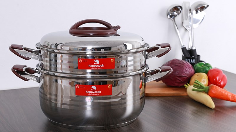 Bộ nồi xửng inox 3 đ&aacute;y nắp inox 32 cm Happycook ST32-2
